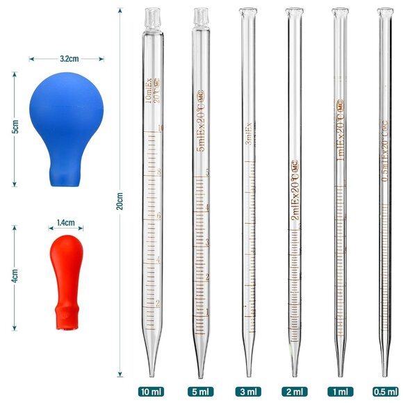 6 Pieces Glass Pipettes 10ml 5ml 3ml 2ml 1ml 0.5ml Glass Graduated Dropper Pipet - Picture 2 of 9
